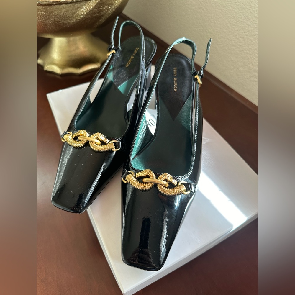 Tory Burch Jesse Black Patent Leather Slingback Pump with Gold Brass